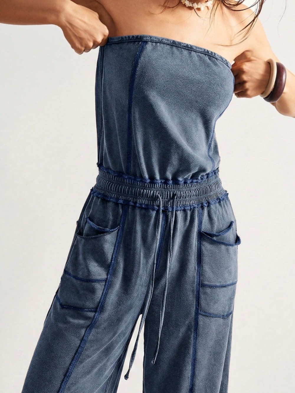 Cotton Blend Strapless Blue Boho Wide Leg Jumpsuit with Pockets - Picture 5 of 8